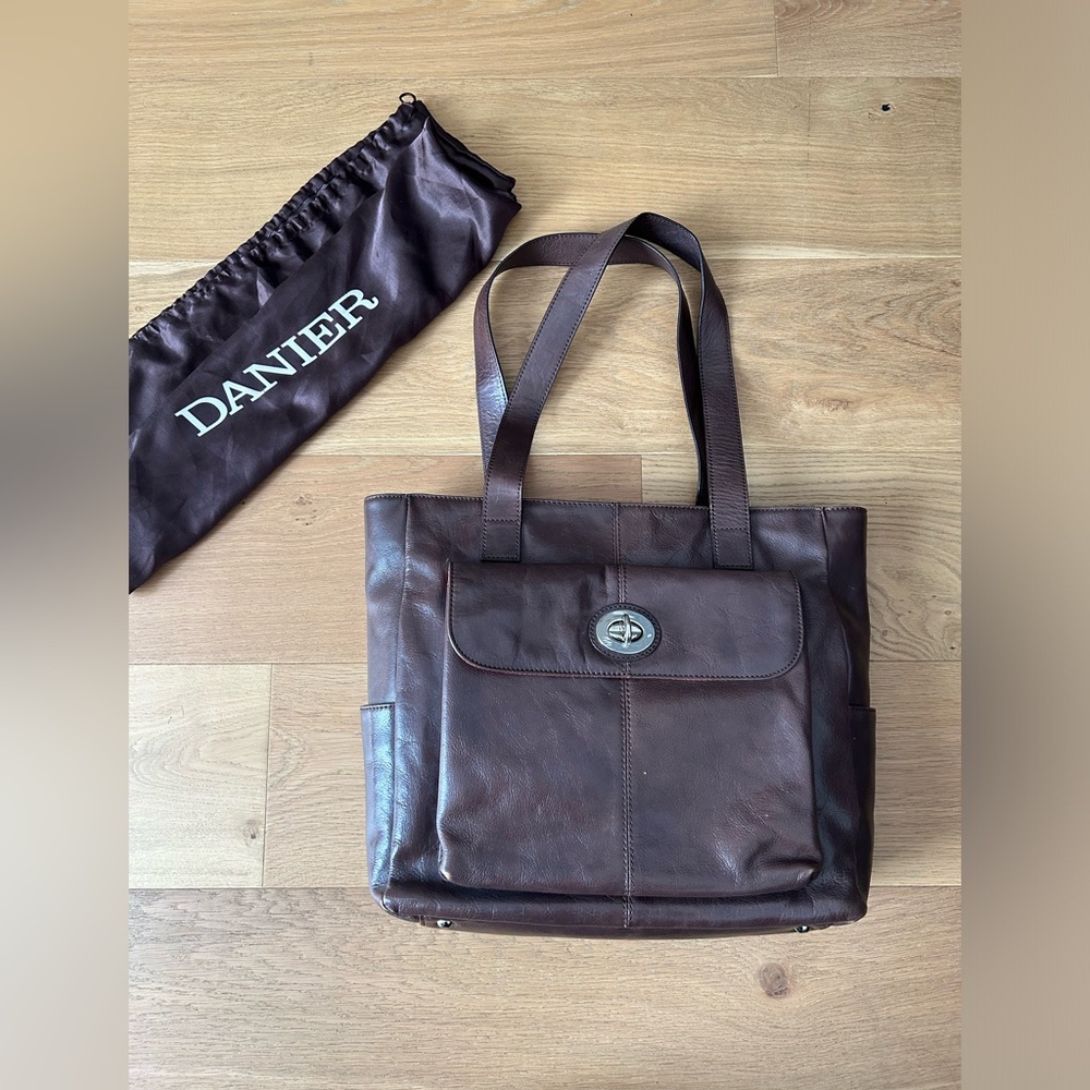 Danier Leather Laptop Tote Shoulder Bag with Zipper, Pockets, Turnlock - Brown